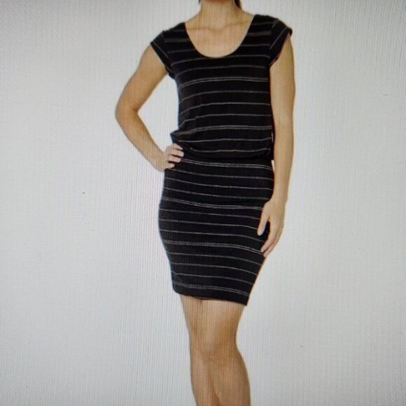NEW Prana | Black & White Striped Janey Mini Dress with Pockets. Size Large - Picture 1 of 9
